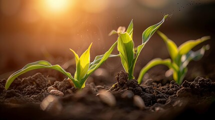 Close up seeding maize plant, Green young corn maize plants growing from the soil,