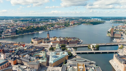 Stockholm, Sweden. Island Riddarholmen and Lake Malaren. Riddarholmen Church. Panorama of the city. Summer day, Aerial View