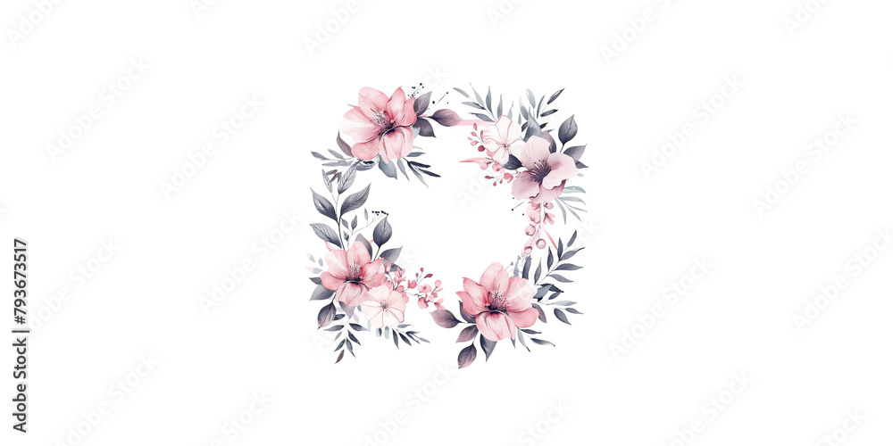 Wall mural A pink floral wreath with empty space in the middle on a white background