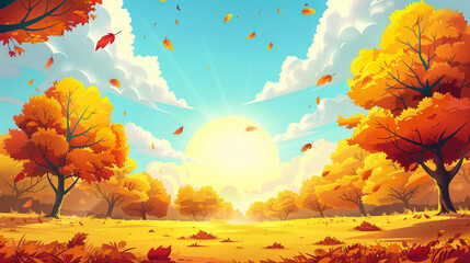 Beautiful autumn landscape with yellow trees and sun. - Powered by Adobe