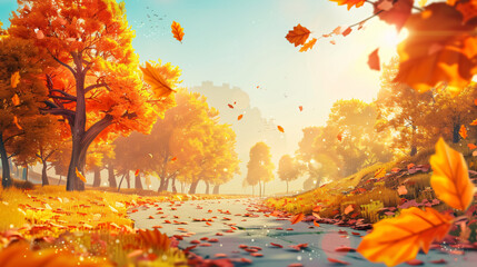 Beautiful autumn landscape with yellow trees and sun.
