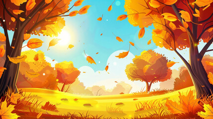 Obraz na płótnie Canvas Beautiful autumn landscape with yellow trees and sun.