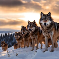 a pack of a hungry wolves gathered on a snow, Ai Generated