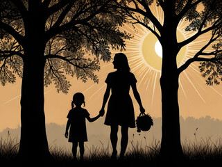 Mother and children line art illustration with sun and tree background. Image is generated with the use of an Artificial intelligence