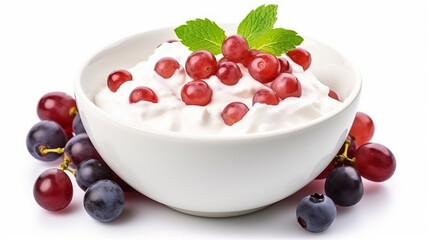 Tempting Grapes and Creamy Fruit Salad, Skillfully Presented on a Clean White Background
