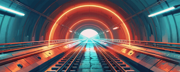 A large underground tunnel with a railway, tram,. vector simple illustration - obrazy, fototapety, plakaty