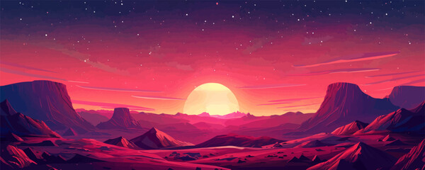 Desert planet landscape with magnificent red rocks and a starry sky. Vector flat minimalistic isolated illustration in digital art style.