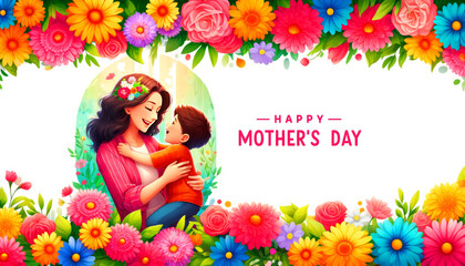Mother's Day banner with a mother embracing her son surrounded by a heart-shaped frame of colorful flowers