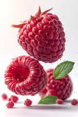 Fresh raspberry, 3d style, levitation on white background, commercial photography
