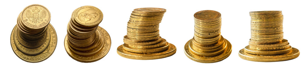 Pięć, rubli awers i rewers, orzeł i głowa, stosy prawdziwych, złotych monet, amerykański dolar. Widok z góry, przezroczyste tło. Izolowane. dolary i ruble w złocie.