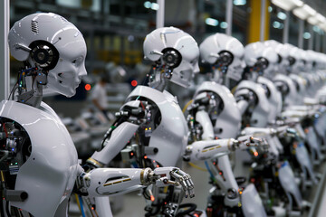 A humanoid robot assembles a product in an appliance factory.