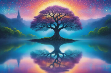 Majestic Tree Reflection in Tranquil Lake at Sunset, Surreal Digital Artwork with Vibrant Colors