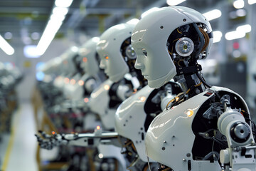A humanoid robot assembles a product in an appliance factory. - obrazy, fototapety, plakaty