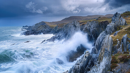 Obraz premium Rugged beauty of a rocky coastline with waves crashing against the cliffs under a blustery sky