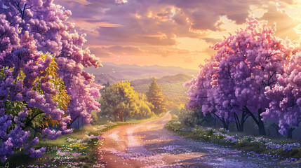 Beautiful landscape with spring flowers. Lilac trees 