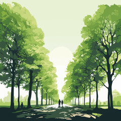trees, park, alley. Landscape of isolated green trees in various shades. Silhouette vector.