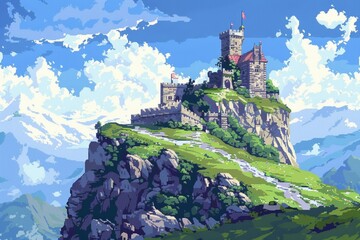 Pixel art of a pixelated castle that sits on a pixelated hill.