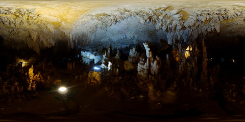 Stalactites and stalagmites in an underground cave. Bulwang Caves. Mabinay, Negros, Philippines. Virtual Reality 360.