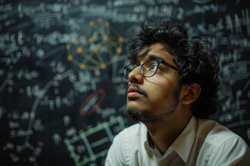 young mathematician solving complex equations on a blackboard