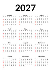 2027 Calendar year vector illustration. The week starts on Sunday. Annual calendar 2027 template. Calendar design in black and white colors, Sunday in red colors. Vector, made with Inkscape