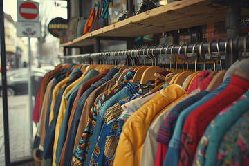 Fototapeta premium Vintage clothing hanging in a thrift store, second-hand clothing 