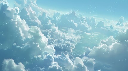 Fototapeta na wymiar Serene sky view: Birds soaring above fluffy white clouds under a bright blue sky