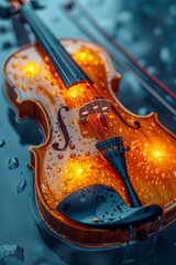 Glowing violin on rainy surface with water droplets