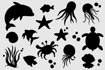 Vector set with silhouettes of various sea animals, shellfish and fish isolated on a transparent background. Dolphin, fish, starfish, shellfish, jellyfish, algae, shells.