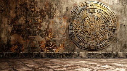 Native American-inspired background with ancient Mesoamerican calendar on aged wall, with blank space texture. - obrazy, fototapety, plakaty