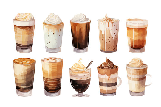 Watercolor Illustration Sketch Coffee Cup Glass Foam Aroma Grain Clipart Set