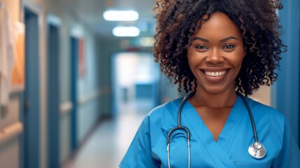 happy Black female nurse with curly hair, wearing blue scrubs and a stethoscope in a hospital hallway.