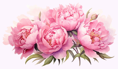 Watercolor pink peony large beautiful flowers print poster vector illustration wedding engagement - obrazy, fototapety, plakaty