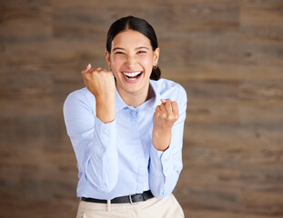 Business woman, excited and fist pump in portrait, winning or career success with reward, promotion...