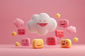Cheerful cartoons in pink sky - clouds and stars with emotions