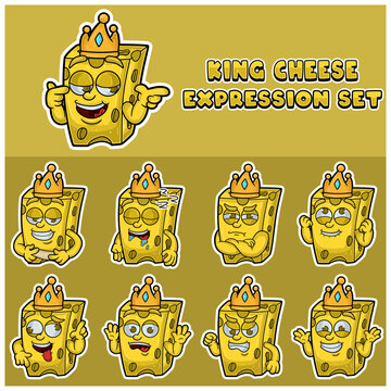 Cartoon Mascot Of  Cheese Character with king and expression set.