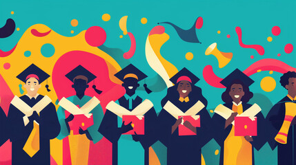Fototapeta na wymiar Diverse graduates celebrating, colorful illustration, education success theme