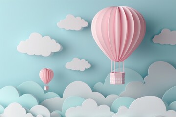 Dreamy 3d hot air balloons and clouds on blue sky
