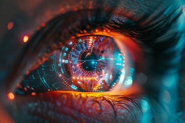 Close-up of a human eye enhanced with digital cyber technology