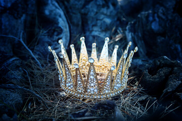 mysterious and magical photo of gold king crown in the woods. Medieval period concept. - 793676972