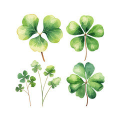 Hand drawn watercolor shamrock four leaf clover collection