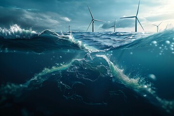 Ocean energy waves, turbine technology underwater, wide shot, deep blue sea, natural light,  - obrazy, fototapety, plakaty