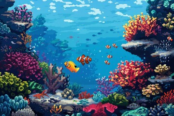 Naklejka na ściany i meble A pixel art underwater world with pixelated coral reefs and colorful fish