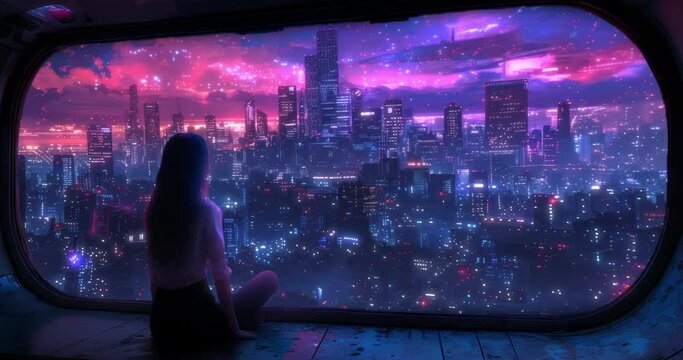 Loop animation collage. Girl relaxes looking at the night city. Ideal background for music. 