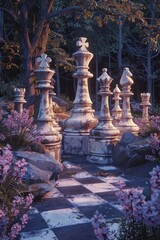 Enchanted twilight chess garden scene