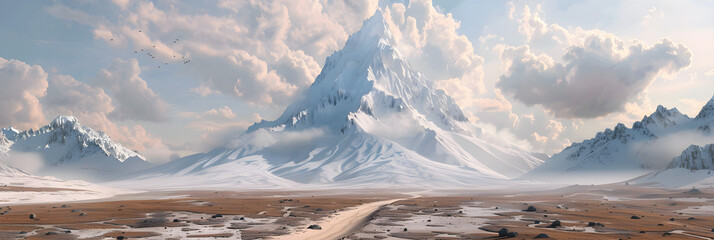 A vast snowcovered mountain range with jagged peaks a clouds in a blue sky. - obrazy, fototapety, plakaty