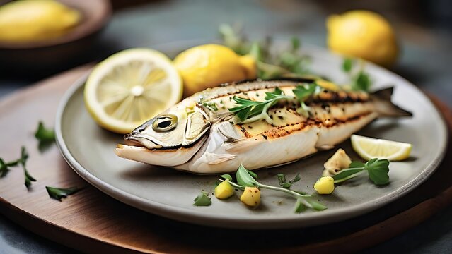 Grilled white fish on the plate with lemons