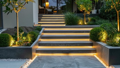 Wooden stairs with lights lead up to a house, surrounded by a grass landscape