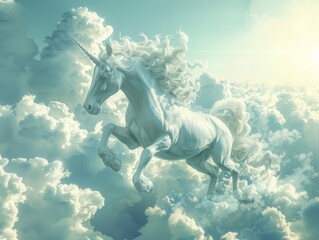 Majestic unicorn galloping in cloudscape - obrazy, fototapety, plakaty