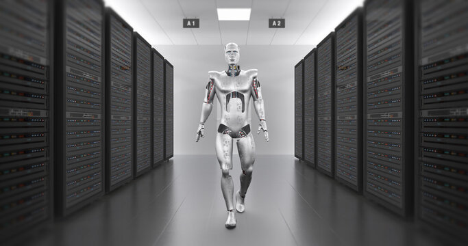 Futuristic Robot Walking In The Server Room. High Tech Robot. Technology Related 3D Render.