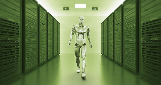 Slowly Walking High Tech Robot In A Server Room. Technology Related 3D Render.